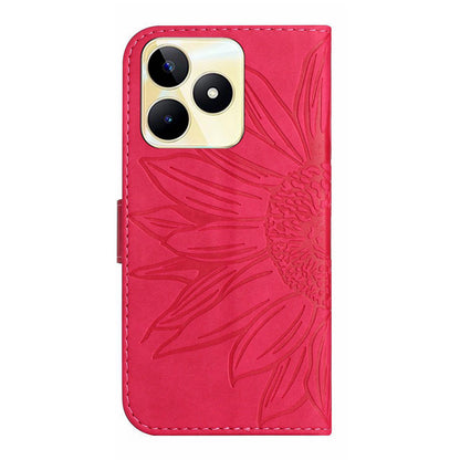 HT04 Phone Leather Case for Realme C53 4G , Sunflower Imprinted Stand Wallet Phone Cover with Hand Strap