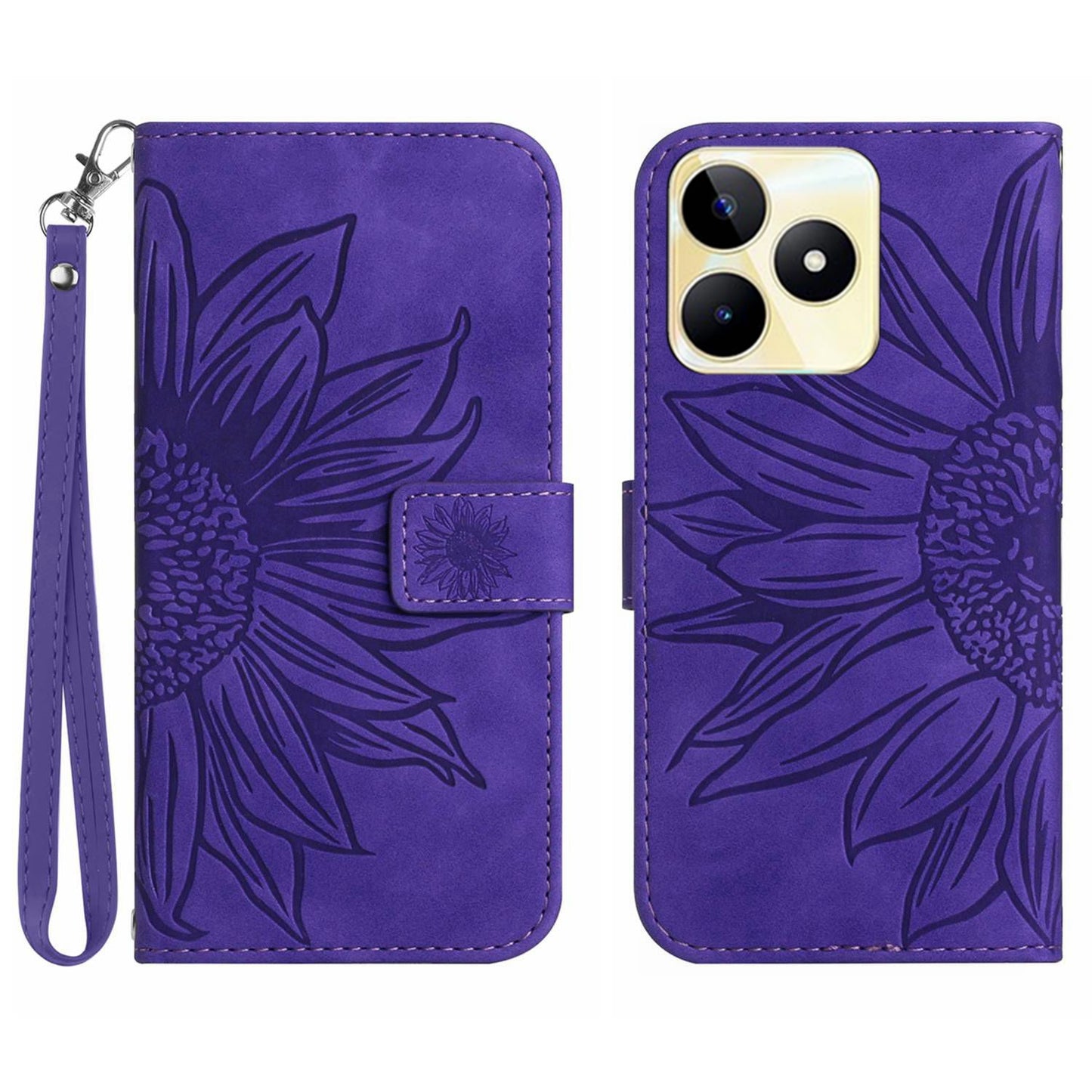 HT04 Phone Leather Case for Realme C53 4G , Sunflower Imprinted Stand Wallet Phone Cover with Hand Strap