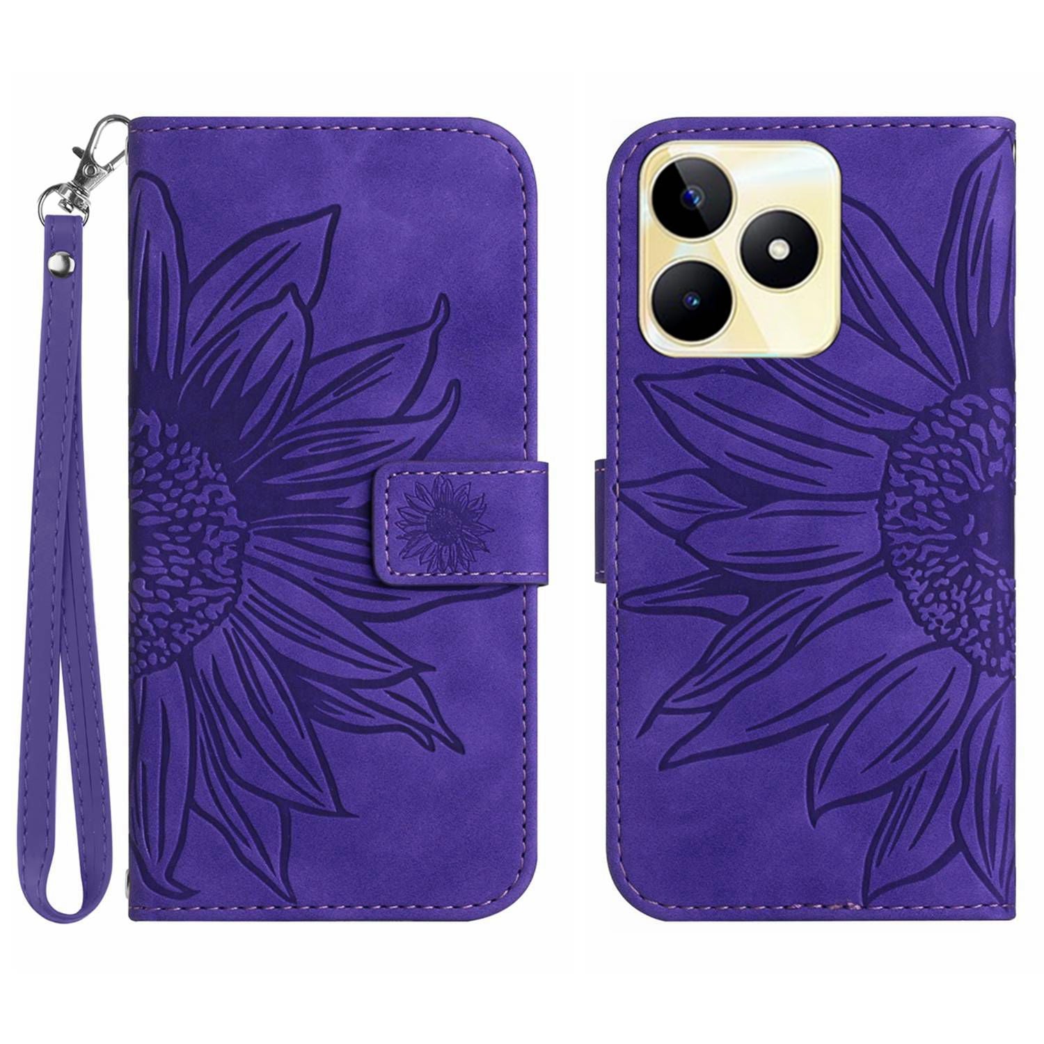 HT04 Phone Leather Case for Realme C53 4G , Sunflower Imprinted Stand Wallet Phone Cover with Hand Strap