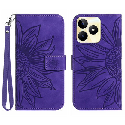 HT04 Phone Leather Case for Realme C53 4G , Sunflower Imprinted Stand Wallet Phone Cover with Hand Strap