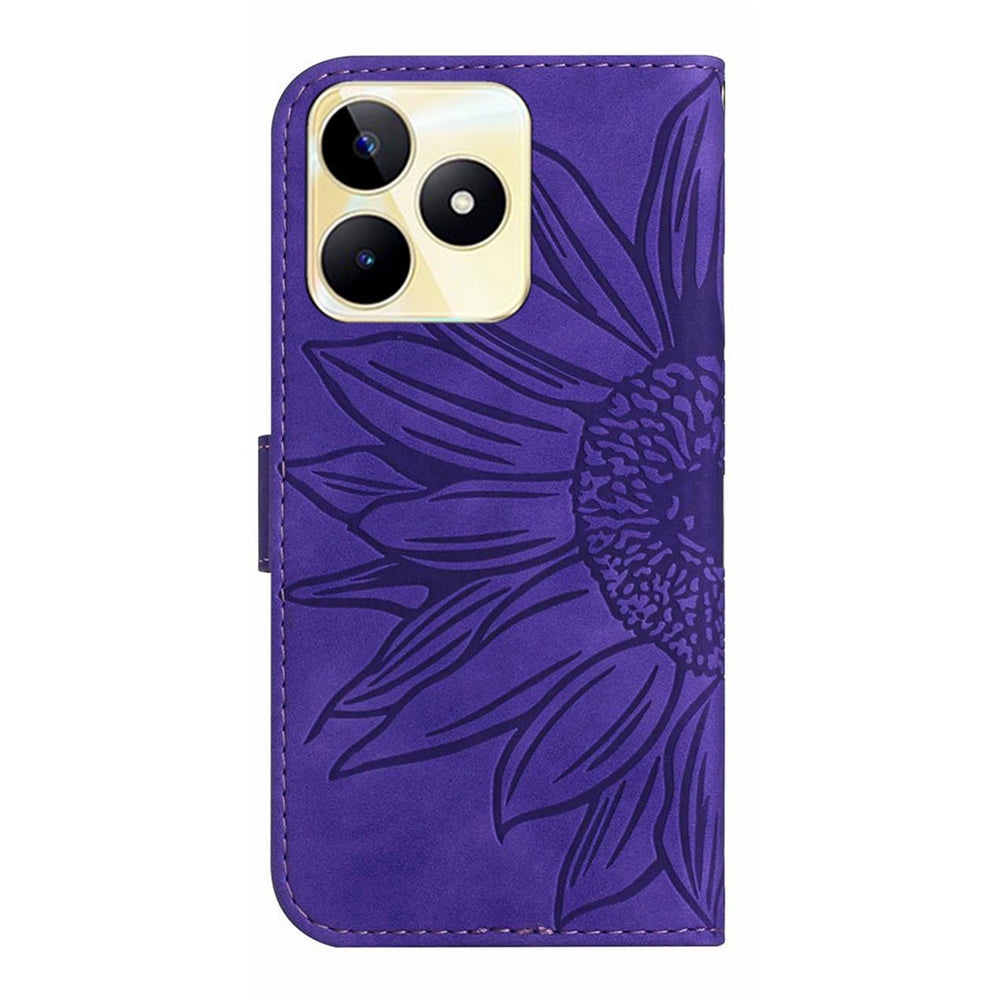 HT04 Phone Leather Case for Realme C53 4G , Sunflower Imprinted Stand Wallet Phone Cover with Hand Strap