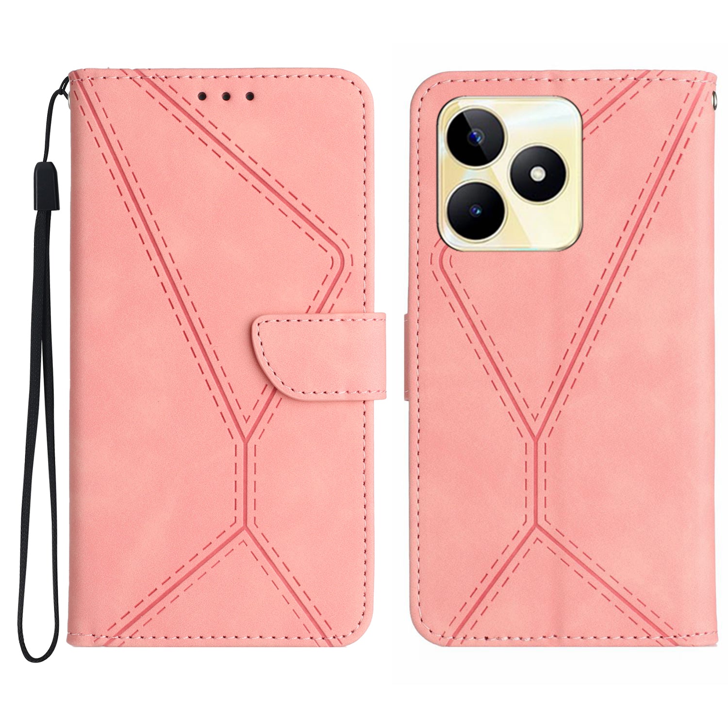 HT05 For Realme C53 4G PU Leather Stand Case Imprinted Line Skin-touch Phone Wallet Cover