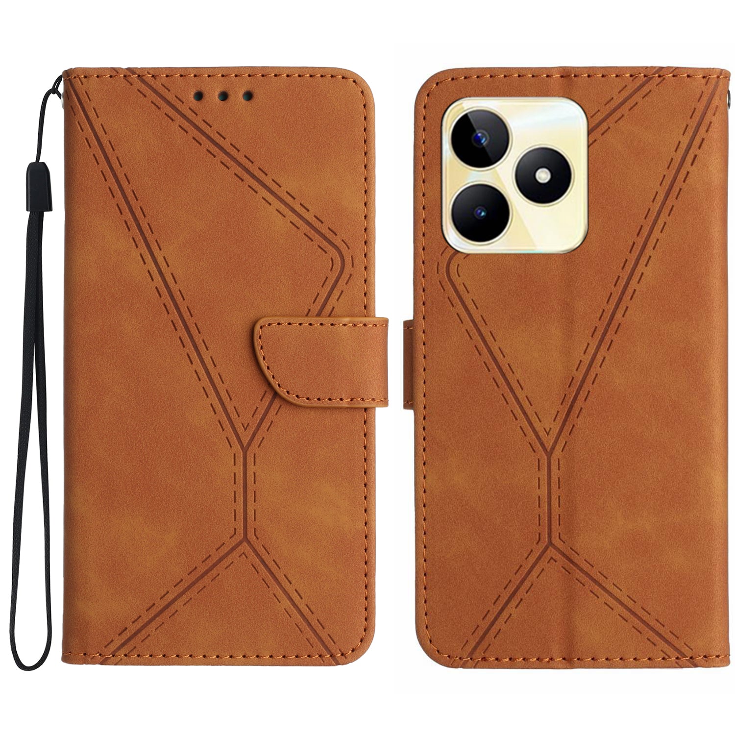 HT05 For Realme C53 4G PU Leather Stand Case Imprinted Line Skin-touch Phone Wallet Cover