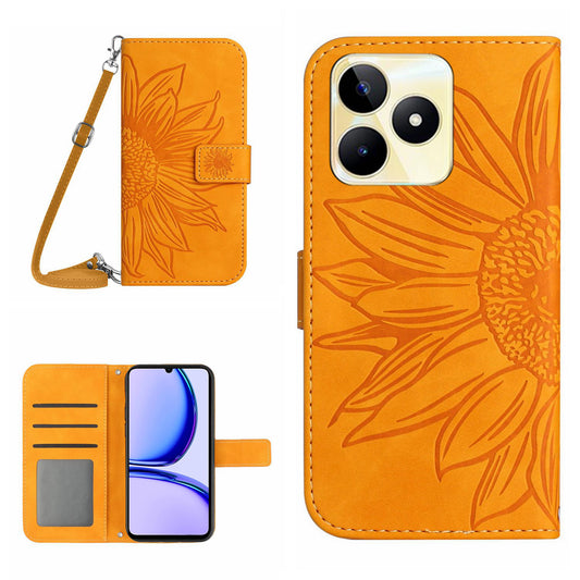HT04 For Realme C53 4G Wallet PU Leather Phone Case Stand Sunflower Imprinting Phone Cover with Shoulder Strap