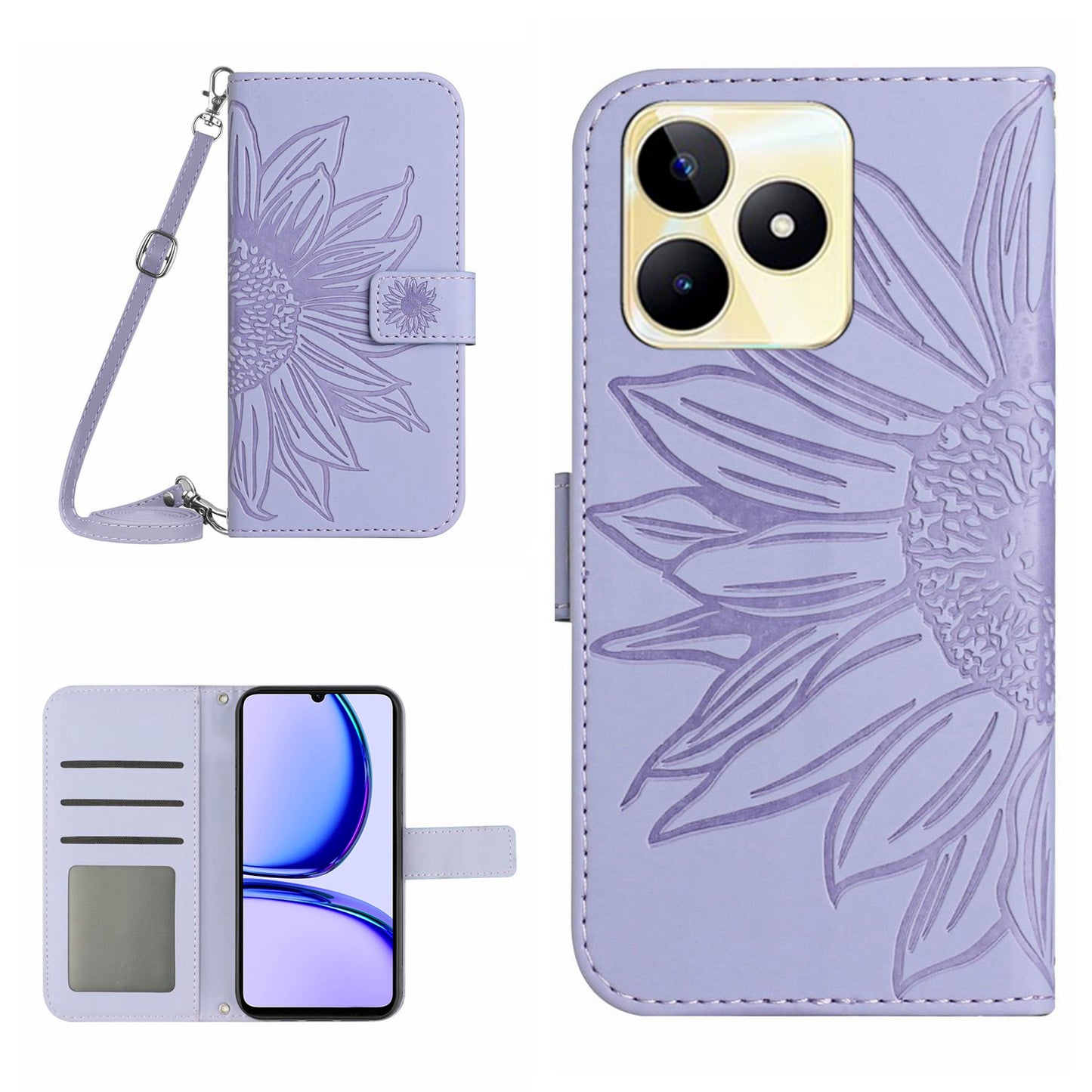 HT04 For Realme C53 4G Wallet PU Leather Phone Case Stand Sunflower Imprinting Phone Cover with Shoulder Strap