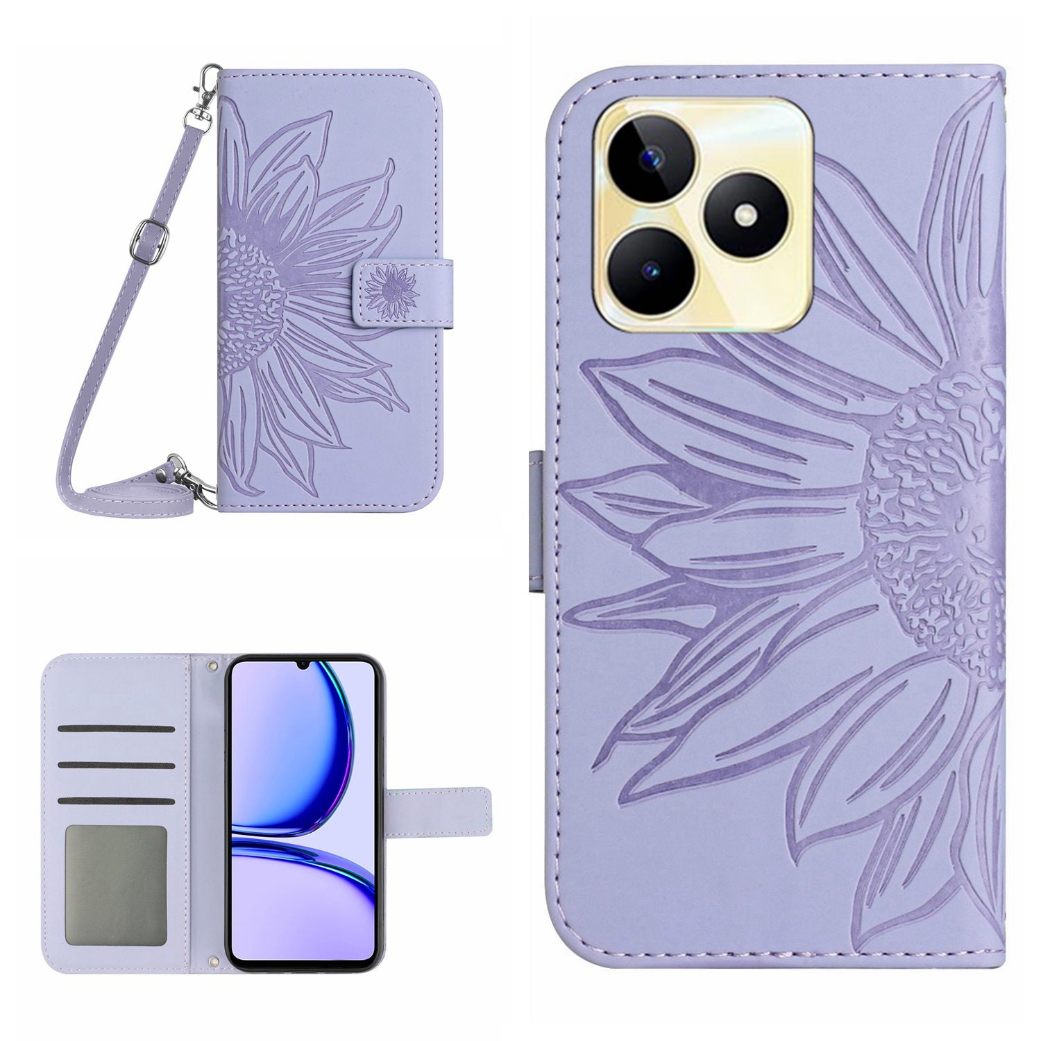 HT04 For Realme C53 4G Wallet PU Leather Phone Case Stand Sunflower Imprinting Phone Cover with Shoulder Strap