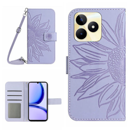 HT04 For Realme C53 4G Wallet PU Leather Phone Case Stand Sunflower Imprinting Phone Cover with Shoulder Strap