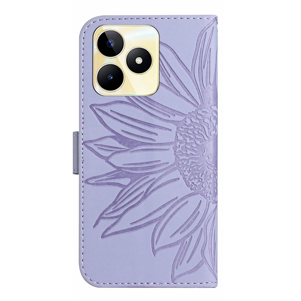 HT04 For Realme C53 4G Wallet PU Leather Phone Case Stand Sunflower Imprinting Phone Cover with Shoulder Strap