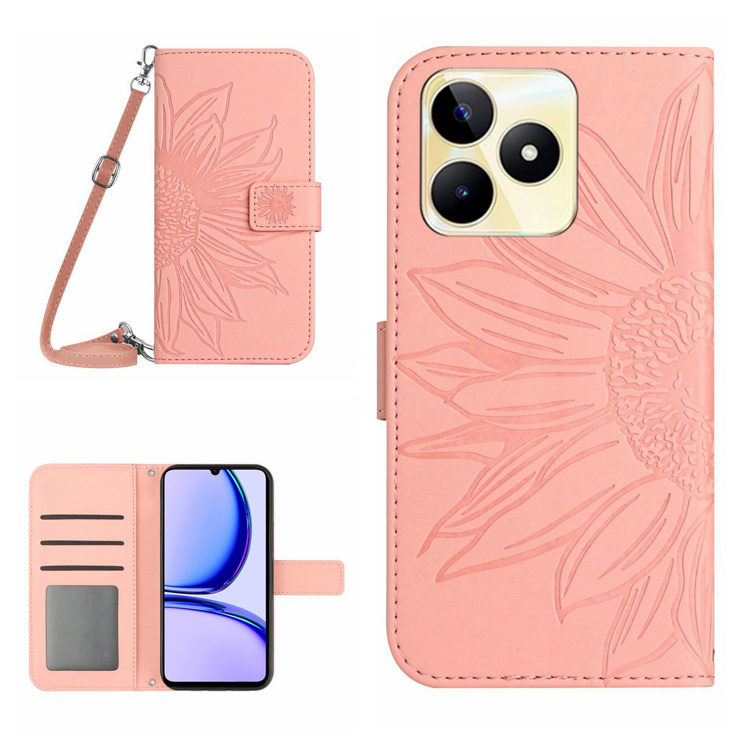 HT04 For Realme C53 4G Wallet PU Leather Phone Case Stand Sunflower Imprinting Phone Cover with Shoulder Strap