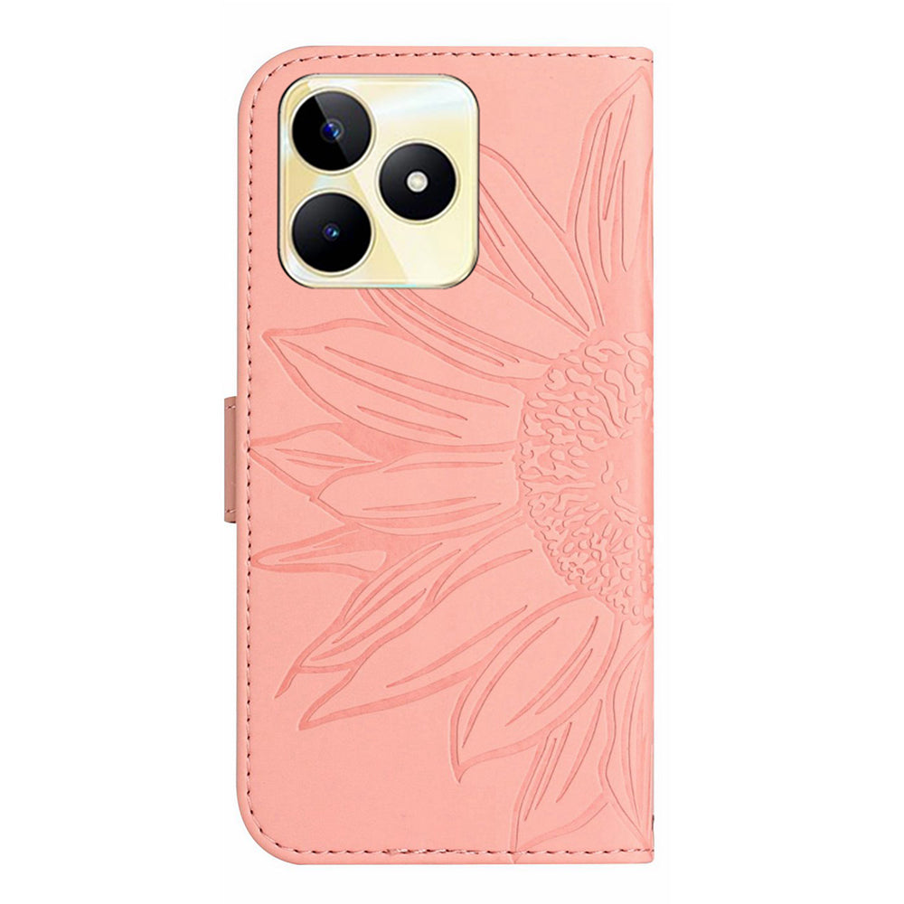 HT04 For Realme C53 4G Wallet PU Leather Phone Case Stand Sunflower Imprinting Phone Cover with Shoulder Strap