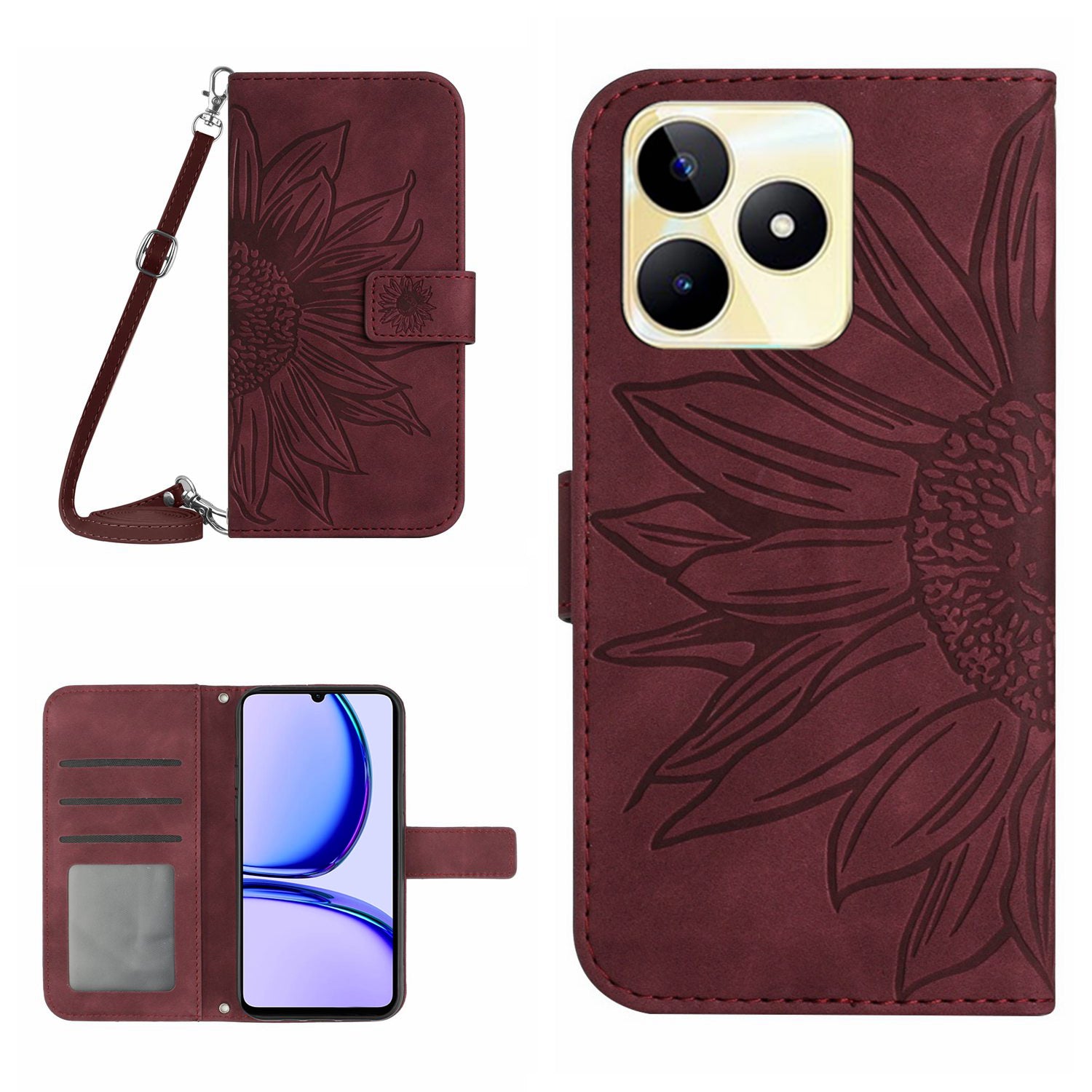HT04 For Realme C53 4G Wallet PU Leather Phone Case Stand Sunflower Imprinting Phone Cover with Shoulder Strap