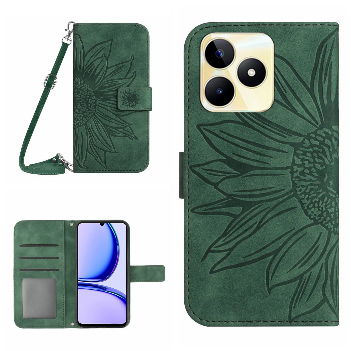 HT04 For Realme C53 4G Wallet PU Leather Phone Case Stand Sunflower Imprinting Phone Cover with Shoulder Strap