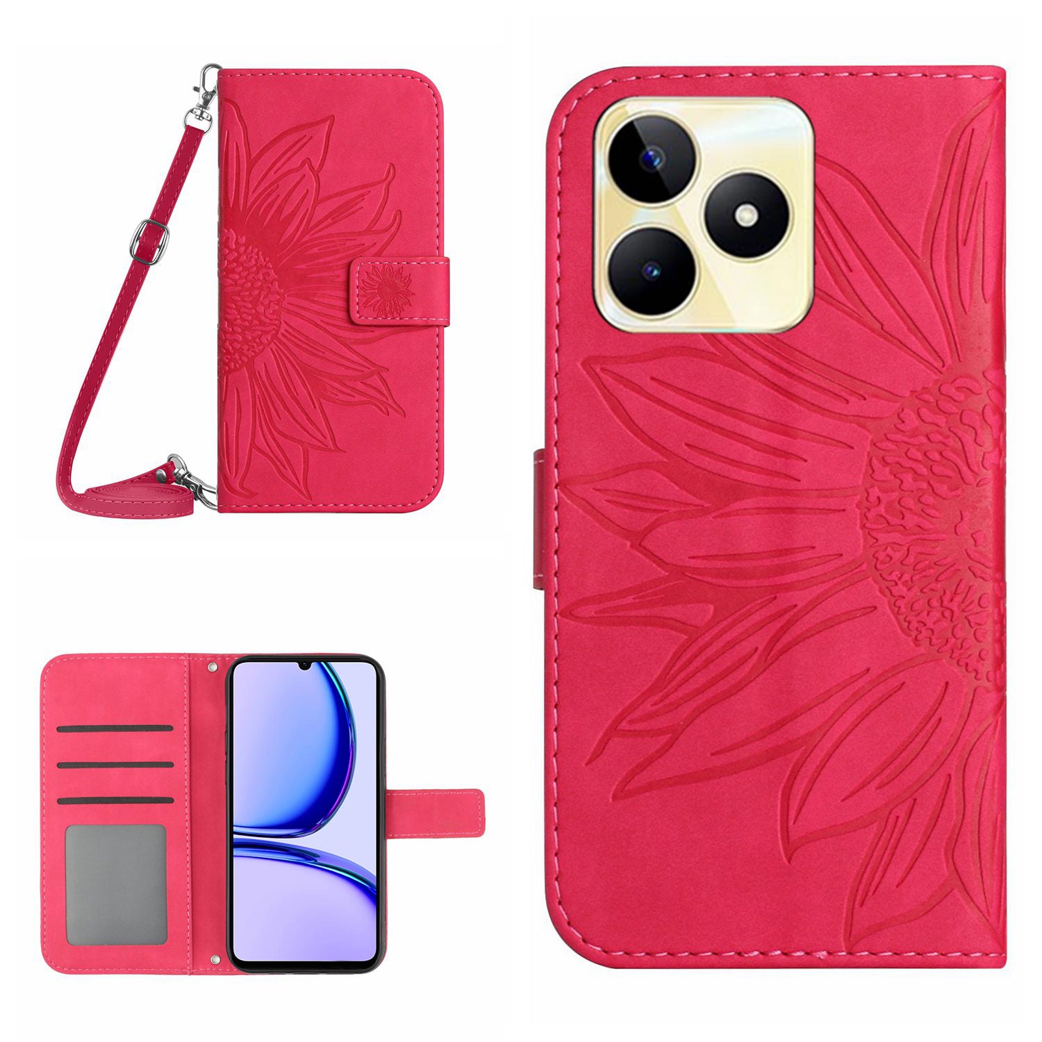 HT04 For Realme C53 4G Wallet PU Leather Phone Case Stand Sunflower Imprinting Phone Cover with Shoulder Strap