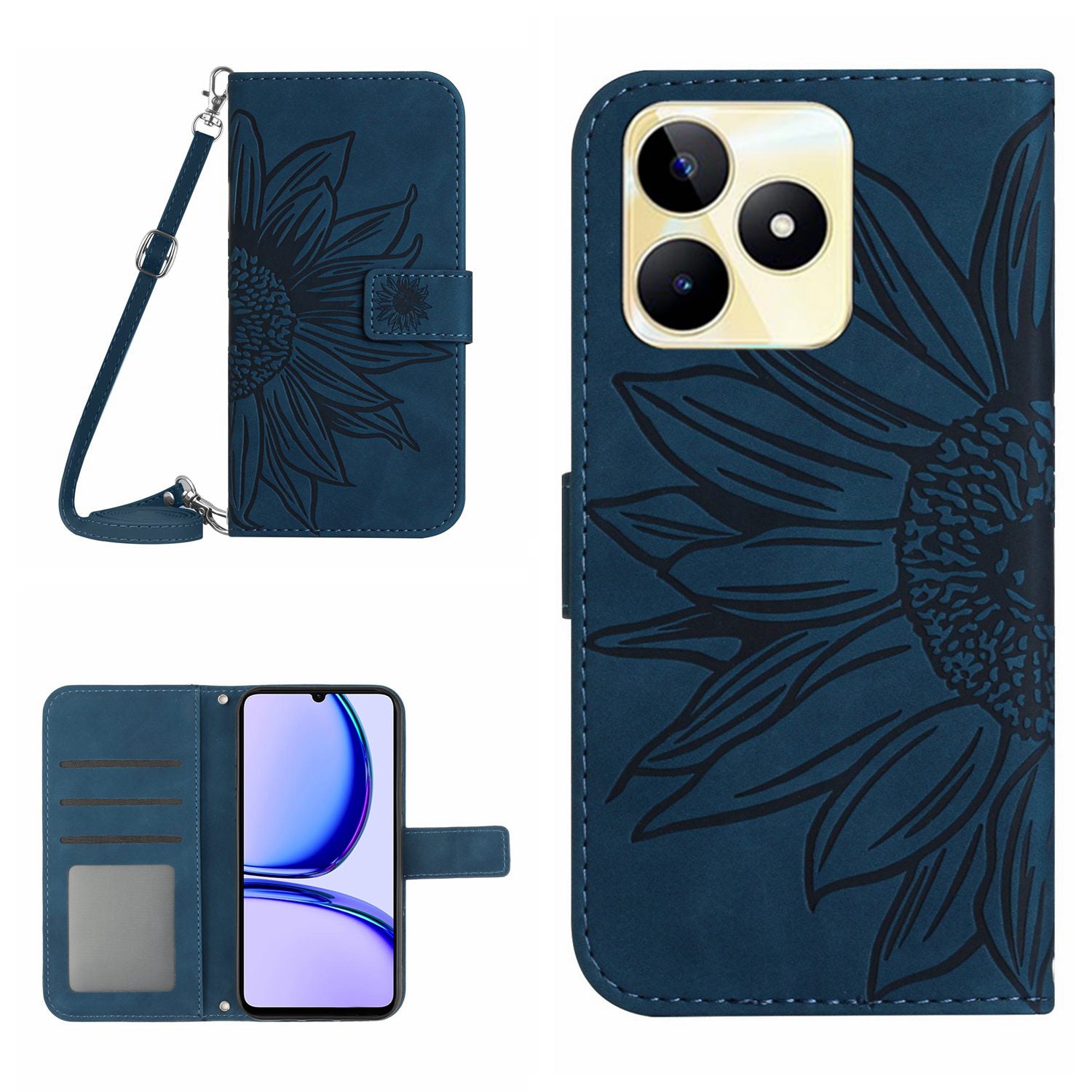 HT04 For Realme C53 4G Wallet PU Leather Phone Case Stand Sunflower Imprinting Phone Cover with Shoulder Strap