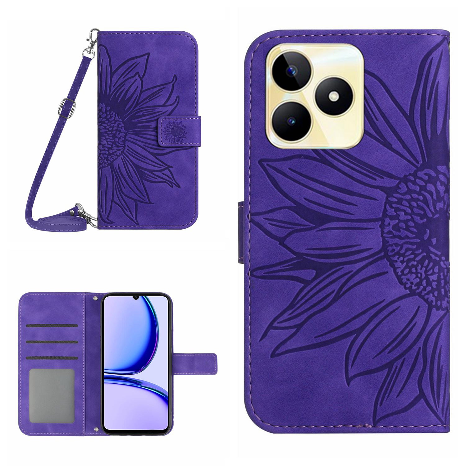 HT04 For Realme C53 4G Wallet PU Leather Phone Case Stand Sunflower Imprinting Phone Cover with Shoulder Strap