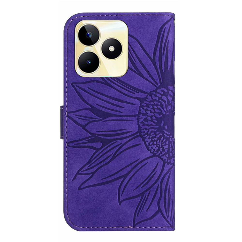 HT04 For Realme C53 4G Wallet PU Leather Phone Case Stand Sunflower Imprinting Phone Cover with Shoulder Strap