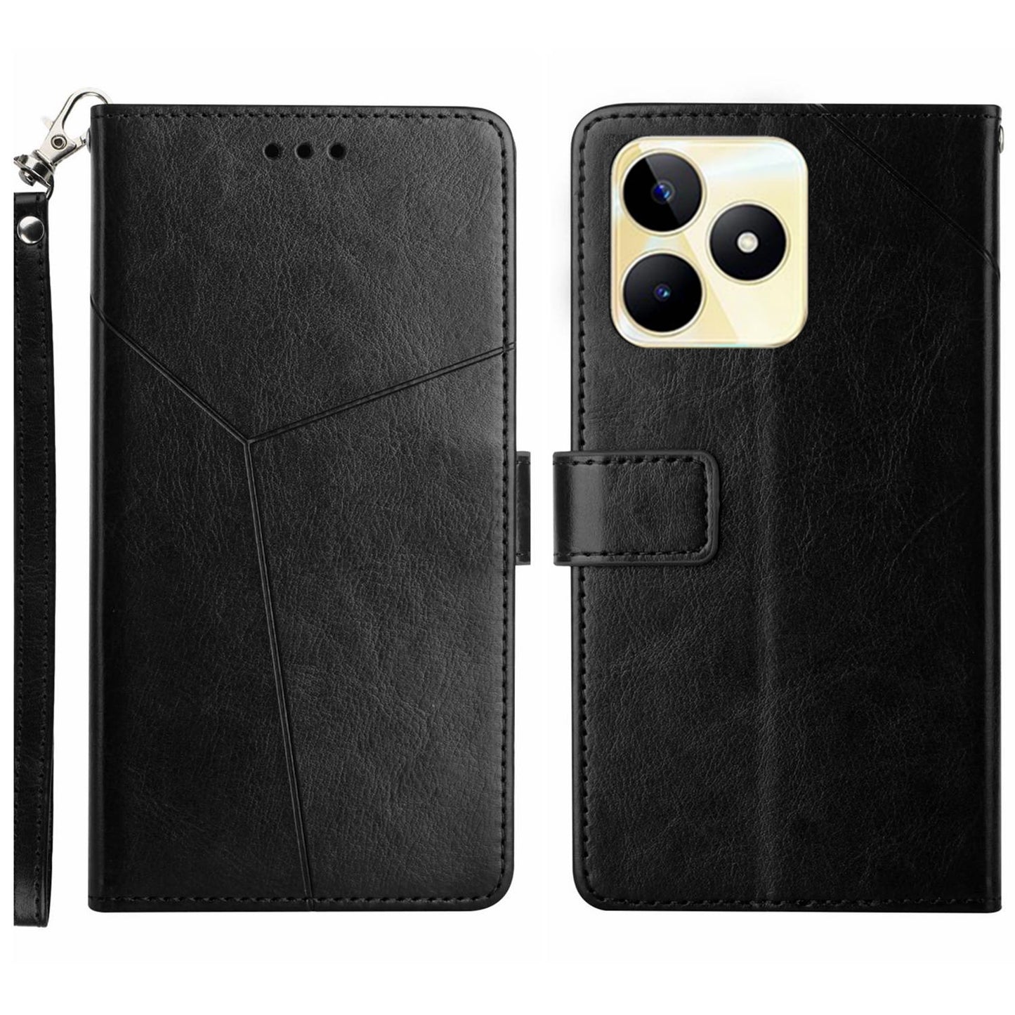 HT01 Y-shaped Line Imprinting Phone Case for Realme C53 4G , PU Leather Wallet Stand Cover