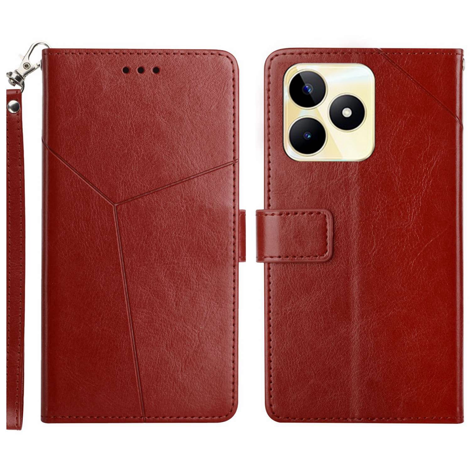 HT01 Y-shaped Line Imprinting Phone Case for Realme C53 4G , PU Leather Wallet Stand Cover