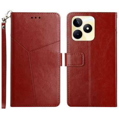 HT01 Y-shaped Line Imprinting Phone Case for Realme C53 4G , PU Leather Wallet Stand Cover