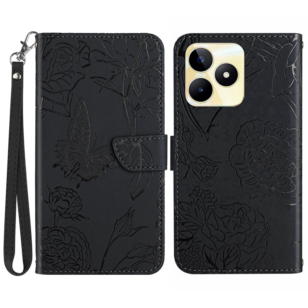 HT03 For Realme C53 4G Stand Wallet Phone Cover PU Leather Butterfly Imprinted Case with Wrist Strap