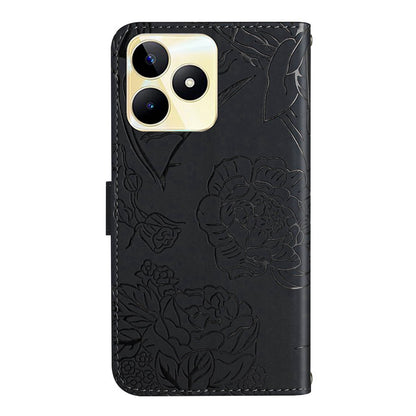 HT03 For Realme C53 4G Stand Wallet Phone Cover PU Leather Butterfly Imprinted Case with Wrist Strap
