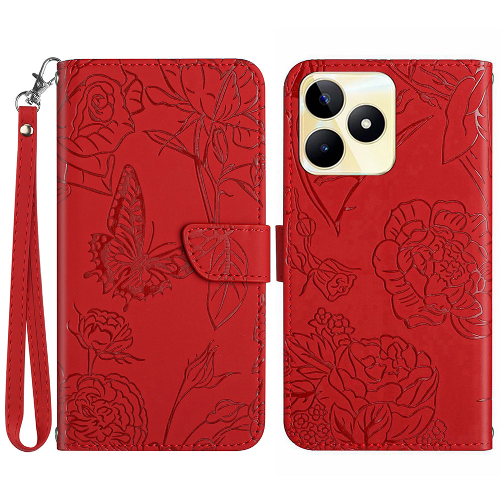 HT03 For Realme C53 4G Stand Wallet Phone Cover PU Leather Butterfly Imprinted Case with Wrist Strap