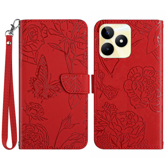 HT03 For Realme C53 4G Stand Wallet Phone Cover PU Leather Butterfly Imprinted Case with Wrist Strap