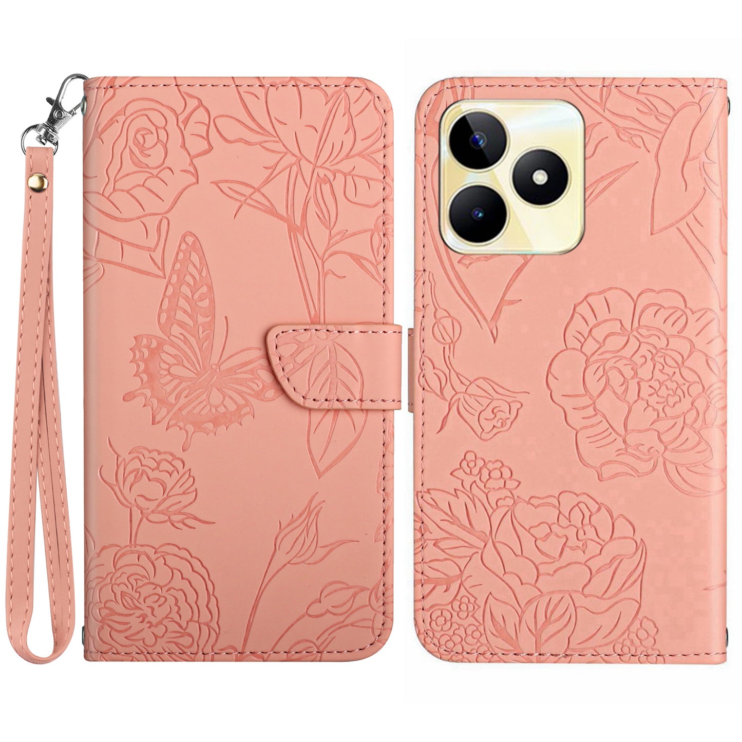 HT03 For Realme C53 4G Stand Wallet Phone Cover PU Leather Butterfly Imprinted Case with Wrist Strap