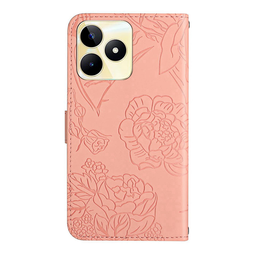 HT03 For Realme C53 4G Stand Wallet Phone Cover PU Leather Butterfly Imprinted Case with Wrist Strap