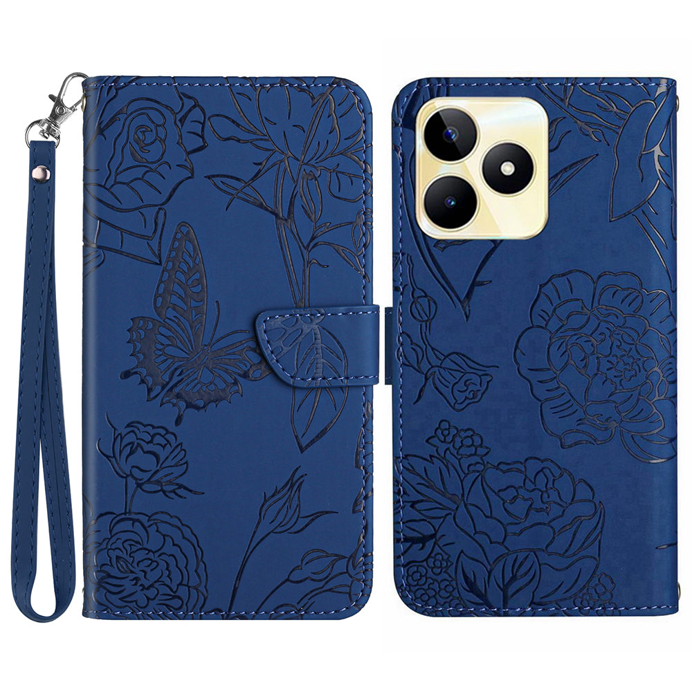 HT03 For Realme C53 4G Stand Wallet Phone Cover PU Leather Butterfly Imprinted Case with Wrist Strap