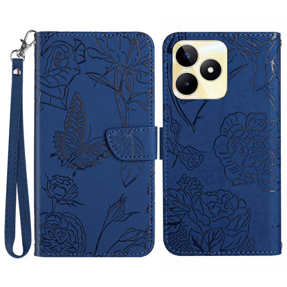 HT03 For Realme C53 4G Stand Wallet Phone Cover PU Leather Butterfly Imprinted Case with Wrist Strap