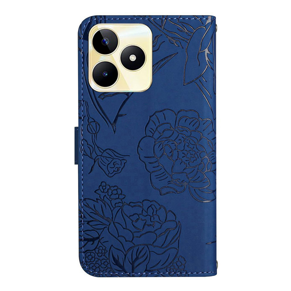 HT03 For Realme C53 4G Stand Wallet Phone Cover PU Leather Butterfly Imprinted Case with Wrist Strap