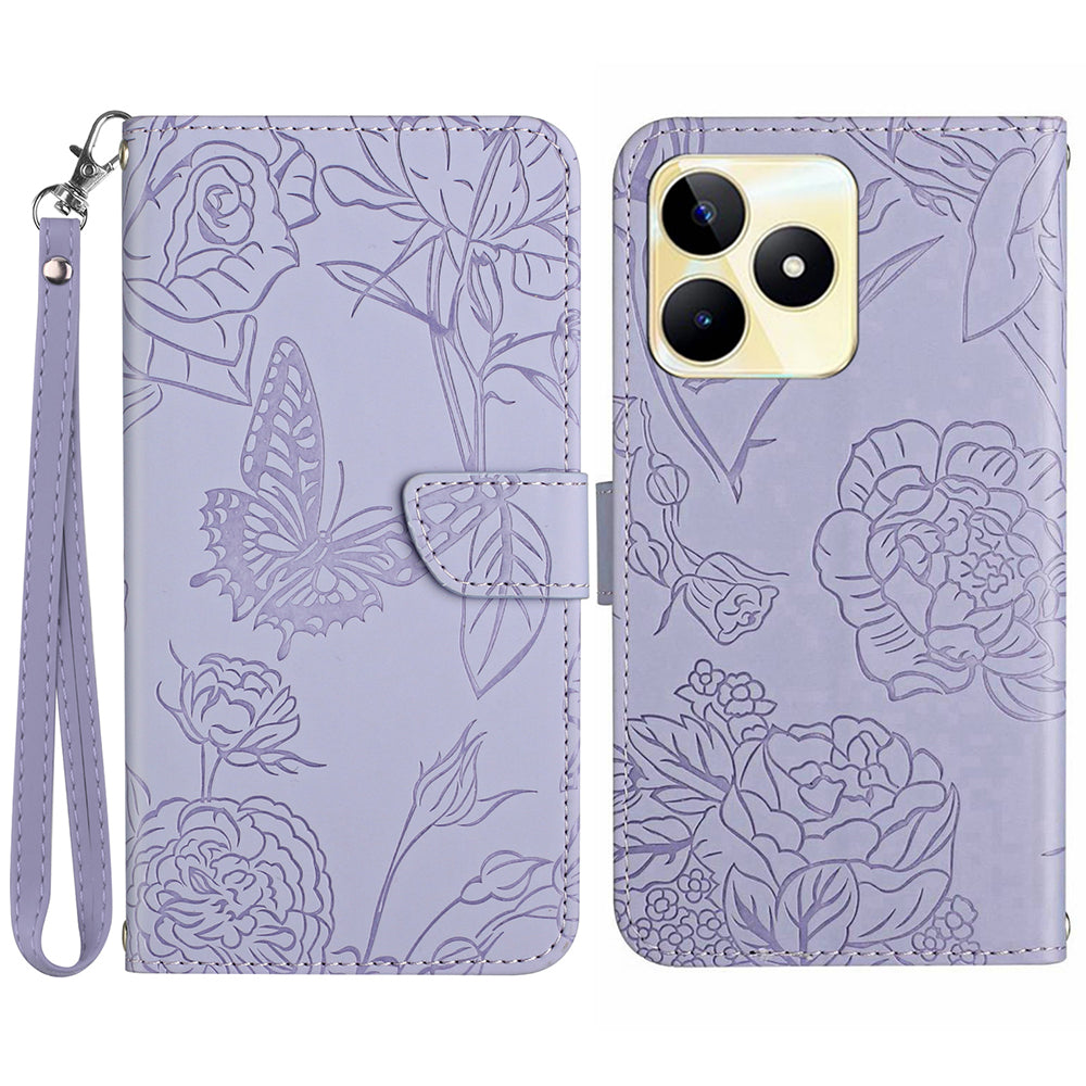 HT03 For Realme C53 4G Stand Wallet Phone Cover PU Leather Butterfly Imprinted Case with Wrist Strap