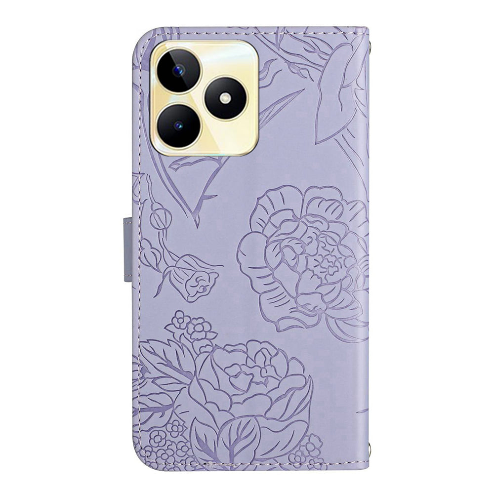 HT03 For Realme C53 4G Stand Wallet Phone Cover PU Leather Butterfly Imprinted Case with Wrist Strap