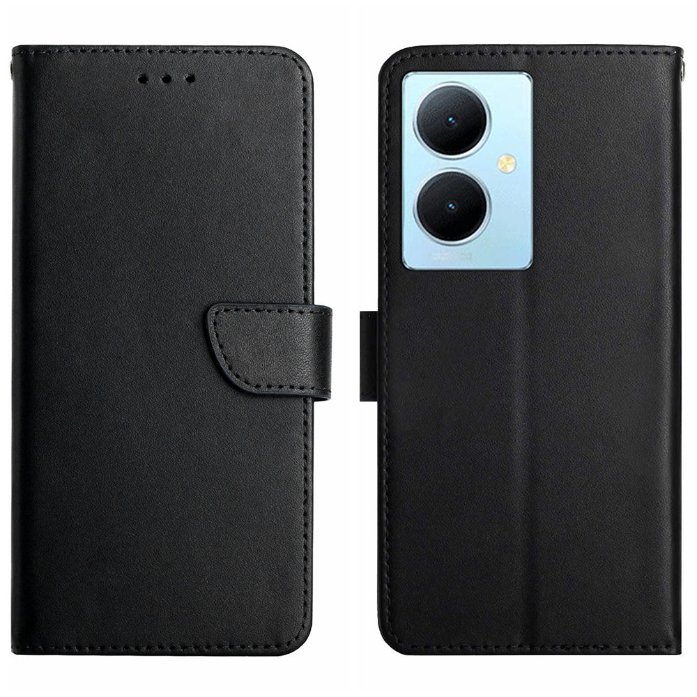 HT02 For vivo Y78+ 5G Genuine Cow Leather Phone Case Nappa Texture Phone Stand Wallet Cover