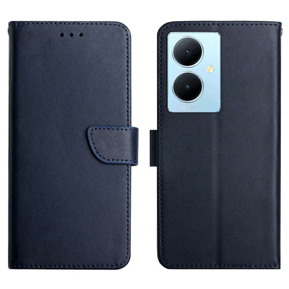 HT02 For vivo Y78+ 5G Genuine Cow Leather Phone Case Nappa Texture Phone Stand Wallet Cover