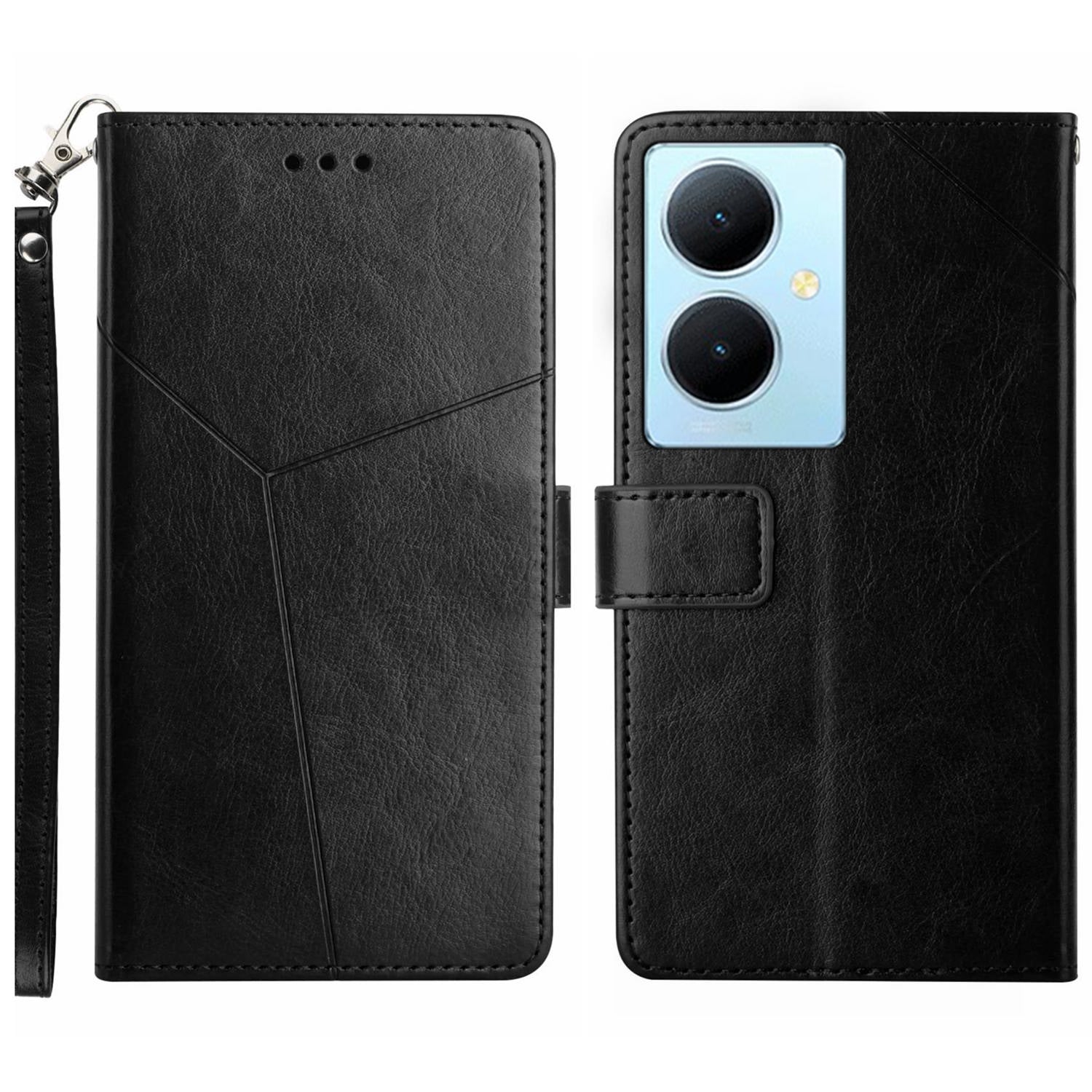 HT01 Wallet Phone Case for vivo Y78+ 5G , Y-shaped Line Imprinting Stand PU Leather Cover
