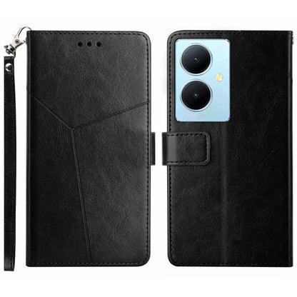 HT01 Wallet Phone Case for vivo Y78+ 5G , Y-shaped Line Imprinting Stand PU Leather Cover