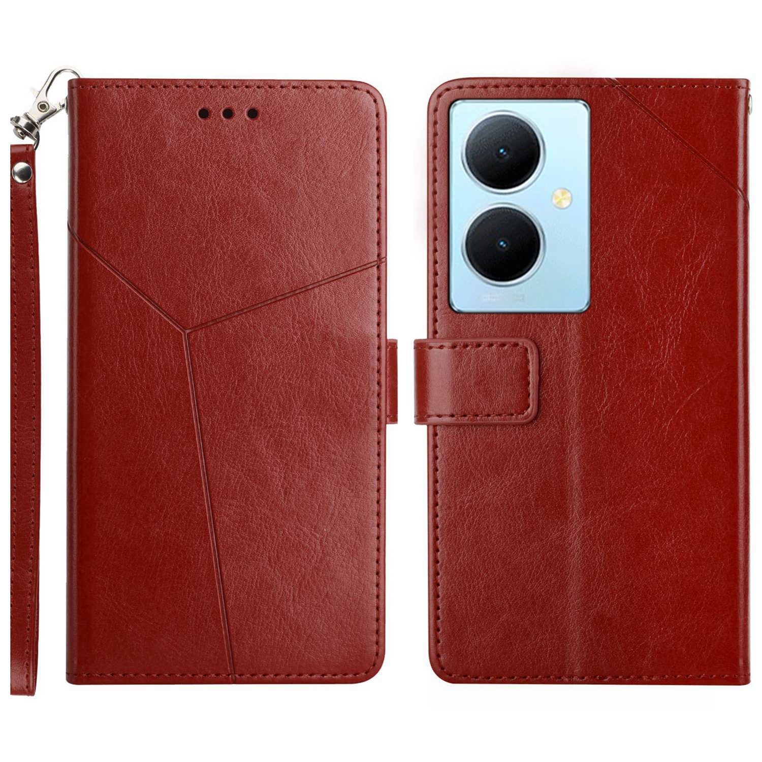 HT01 Wallet Phone Case for vivo Y78+ 5G , Y-shaped Line Imprinting Stand PU Leather Cover
