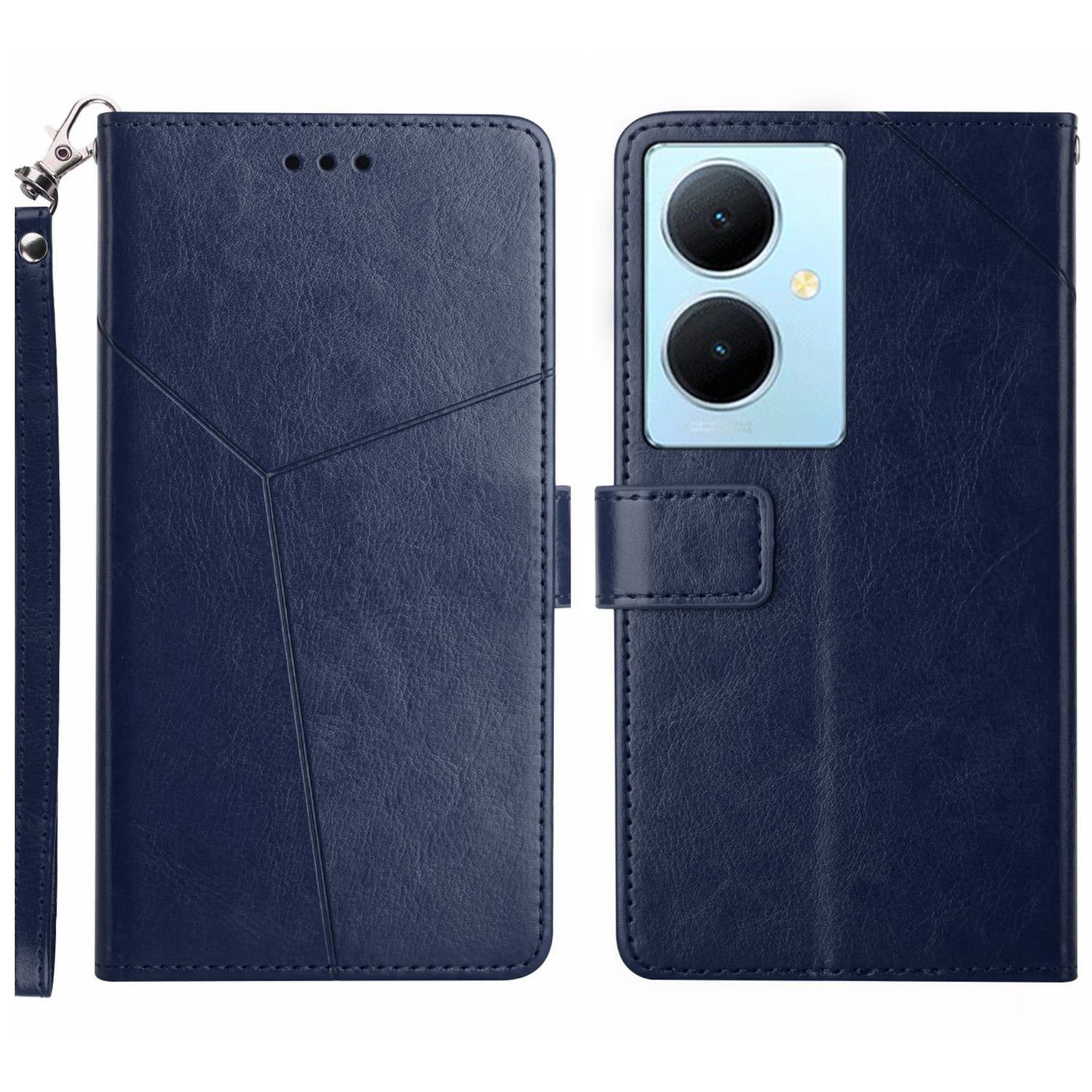 HT01 Wallet Phone Case for vivo Y78+ 5G , Y-shaped Line Imprinting Stand PU Leather Cover