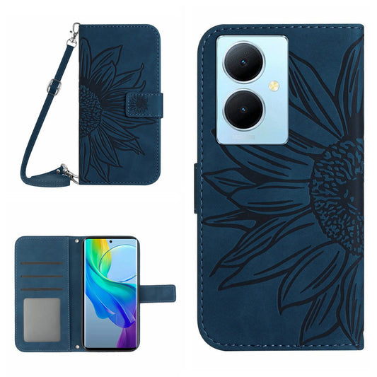 HT04 For vivo Y78+ 5G Sunflower Imprint Phone Case Leather Wallet Stand Shell with Shoulder Strap