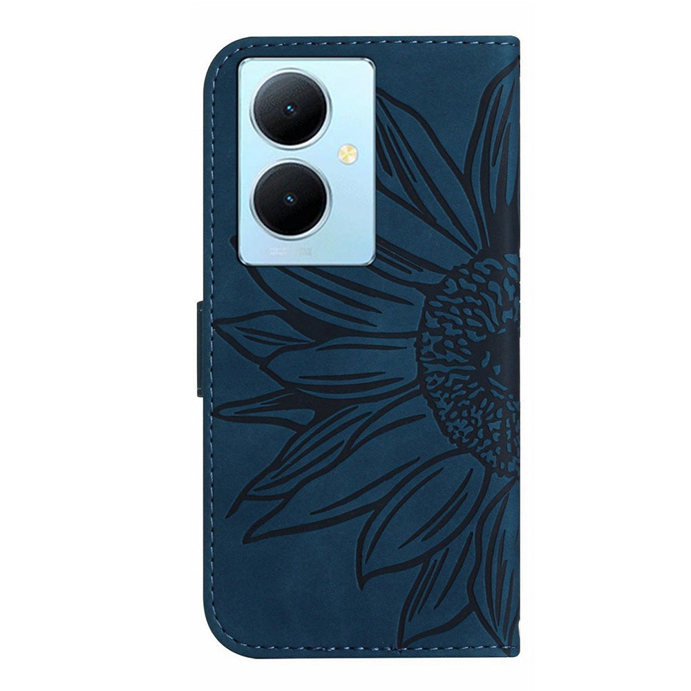 HT04 For vivo Y78+ 5G Sunflower Imprint Phone Case Leather Wallet Stand Shell with Shoulder Strap