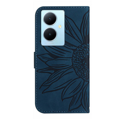 HT04 For vivo Y78+ 5G Sunflower Imprint Phone Case Leather Wallet Stand Shell with Shoulder Strap