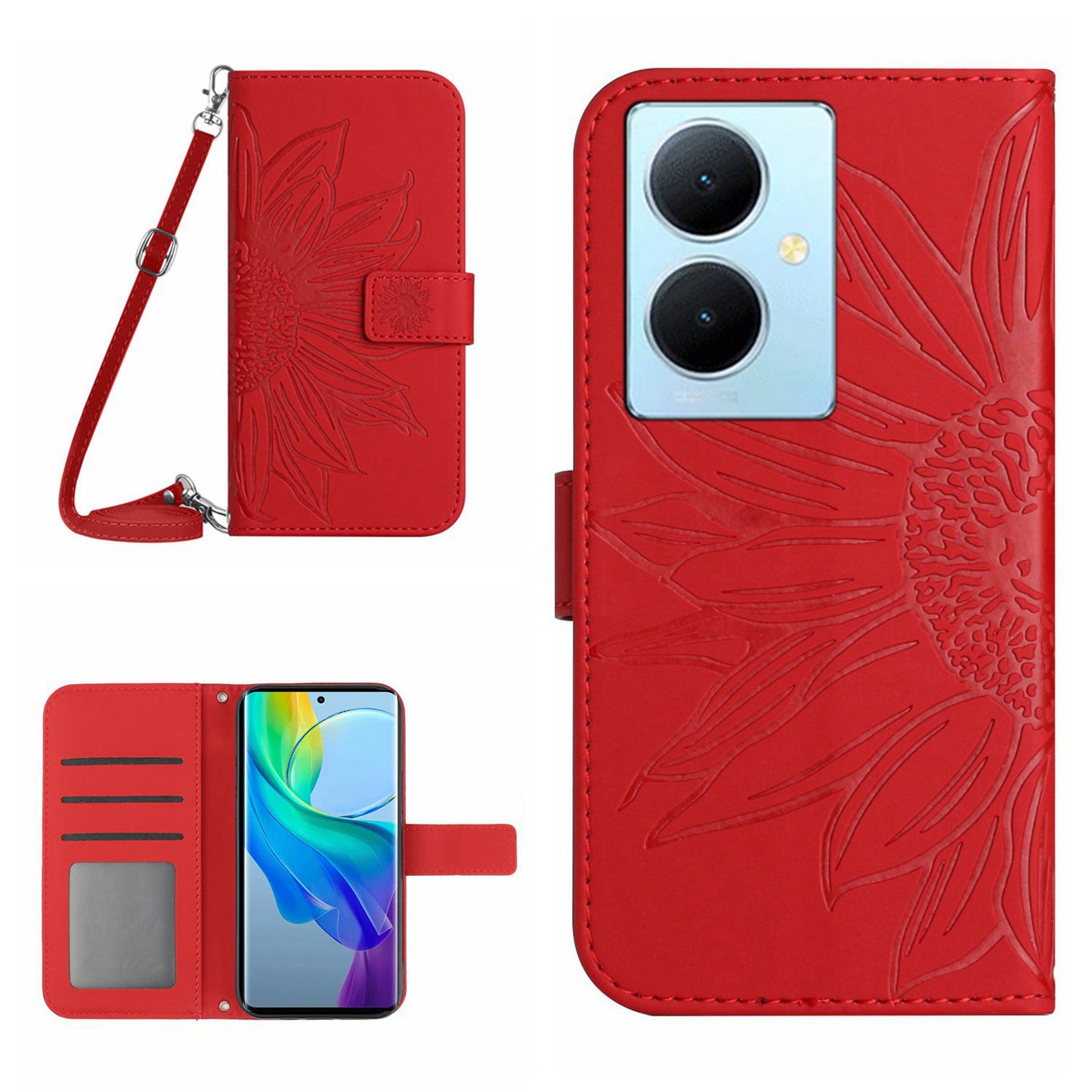 HT04 For vivo Y78+ 5G Sunflower Imprint Phone Case Leather Wallet Stand Shell with Shoulder Strap