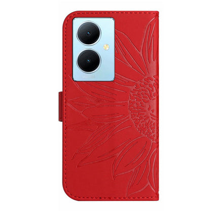 HT04 For vivo Y78+ 5G Sunflower Imprint Phone Case Leather Wallet Stand Shell with Shoulder Strap