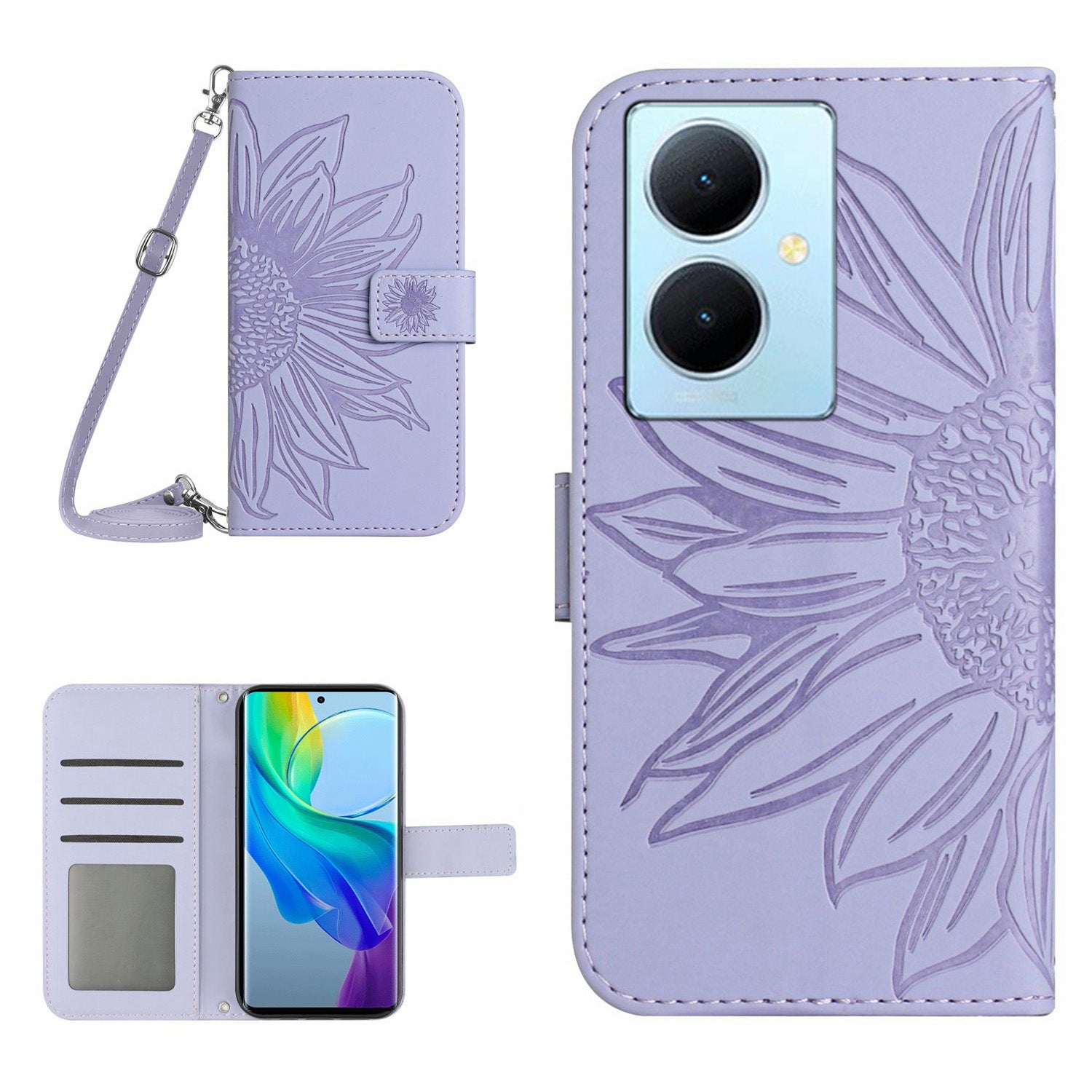 HT04 For vivo Y78+ 5G Sunflower Imprint Phone Case Leather Wallet Stand Shell with Shoulder Strap