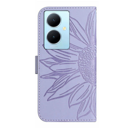 HT04 For vivo Y78+ 5G Sunflower Imprint Phone Case Leather Wallet Stand Shell with Shoulder Strap