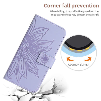 HT04 For vivo Y78+ 5G Sunflower Imprint Phone Case Leather Wallet Stand Shell with Shoulder Strap