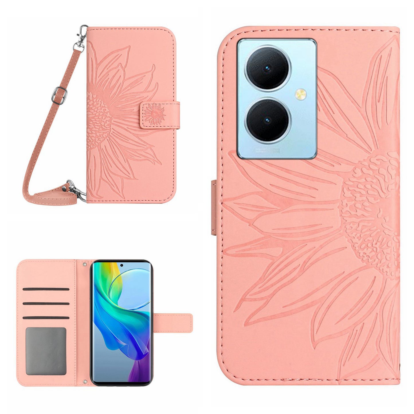 HT04 For vivo Y78+ 5G Sunflower Imprint Phone Case Leather Wallet Stand Shell with Shoulder Strap