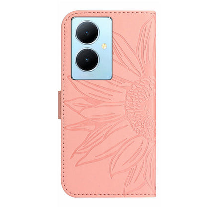 HT04 For vivo Y78+ 5G Sunflower Imprint Phone Case Leather Wallet Stand Shell with Shoulder Strap